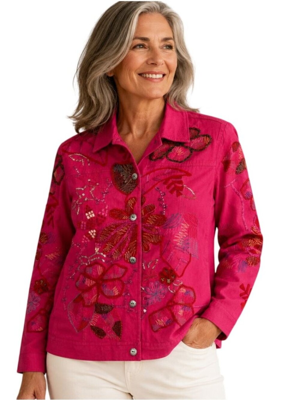 Laura Ashley Petite Pink Embroidered Floral Button-Down Jacket Size PS Retro Art